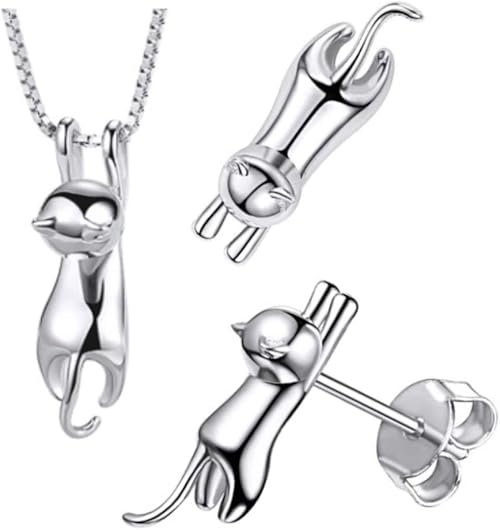 Amazon ひるねこ 猫アクセサリー ２点セット レディース スタッドピアス 人気 可愛い ネコ 猫 女性用 両耳用 ネックレス チェーン プレゼント シルバー925 猫好き 1 ネックレス 通販