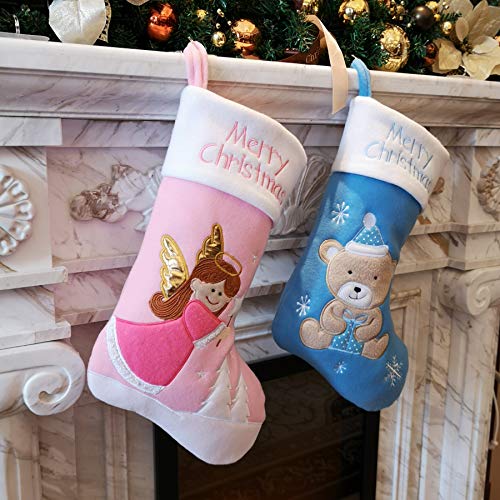WEWILL 18’’ Baby’s First Christmas Stockings Felt Teddy Bear Embroidered White Cuff Xmas Stocking Gift Bag Home Holiday Decoration, Blue