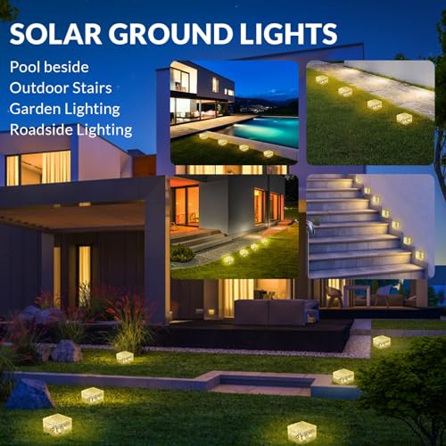 Solar Brick Lights - 6 PCS LED Warm White Outdoor Waterproof Solar Landscape Path Lights, 600mAh, Ice Cube Style for Garden, Patio, Lawn, Yard, Walkway Decor