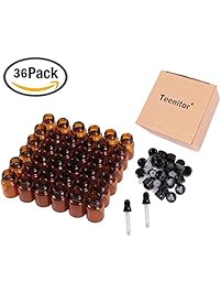 Oil Bottles for Essential Oils, Teenitor 36 Pcs 2 ml (5/8 Dram) Amber Glass Vials Bottles, with Orifice Reducers and Black Caps, With 2 Free Glass Transfer Eye droppers [USA Seller]