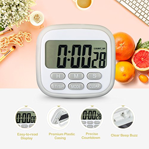 Digital Kitchen Timer, Atmoko Cooking Timer, Big Digits,Loud Alarm,Magnetic Backing Stand,Memory Function,12-Hour Display Clock,Count-Up & Count Down for Cooking Exercise—Grey (Battery not included)