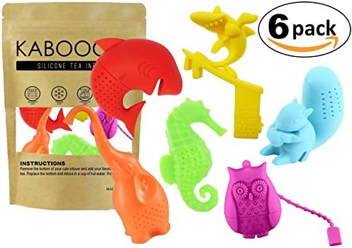 Colorful Animal Tea Party 6 Piece Tea Infuser Set including Elephant, Squirrel, Seahorse, Owl, Shark &amp; Surfing Shark. Cute Loose Leaf Tea Diffuser Strainer Gift Pack by KABOOCHY
