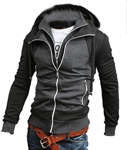 ForeverGod Men's Double Zipper Cargo Pocket Hooded Hoodie Jacket Darkgrey XL