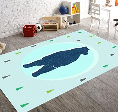 HawkerPeddler Nursery Decorative Cute Baby Soft Colorful Bedroom Blue Bear Animal 5ft x 4ft Thin Rug