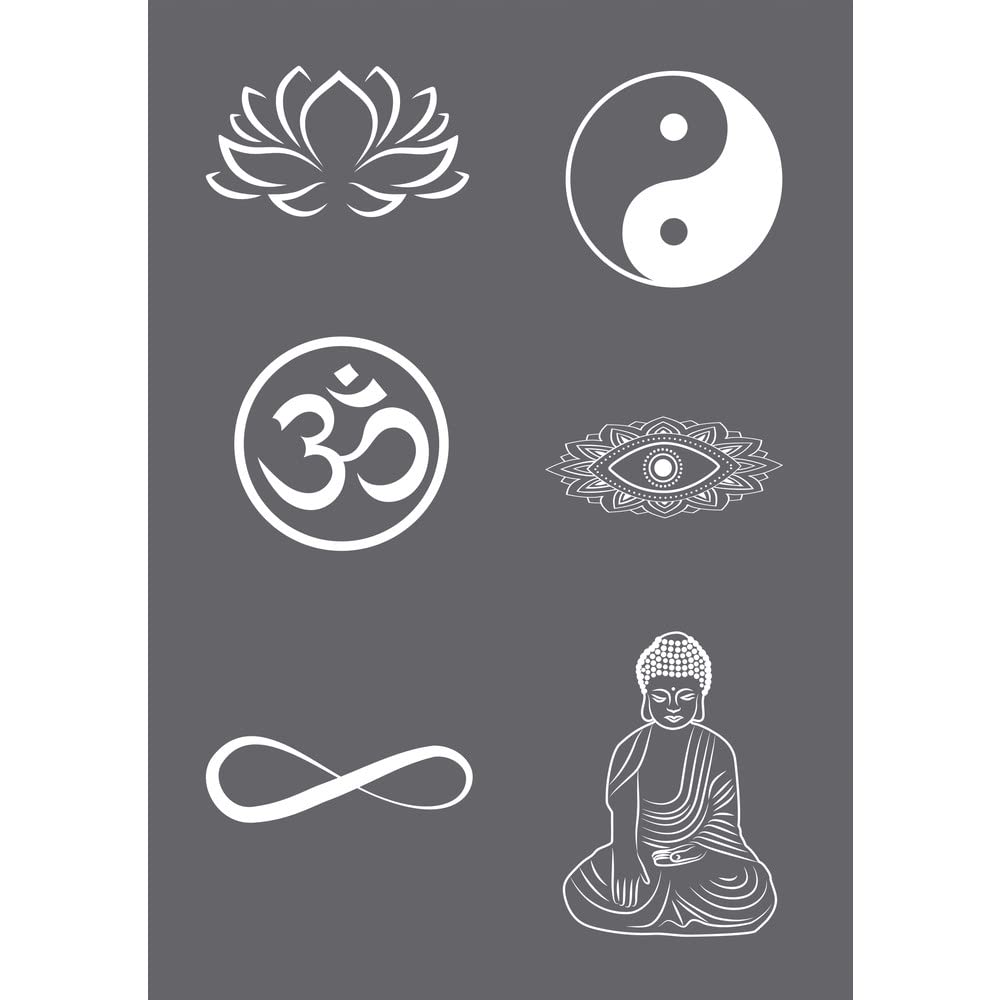 Rayher 45136000 Set of Mask Stencil and Craft Squeegee for Paper Crafts, Card Making and Painting, Reusable Silk Screen Template with Buddha and Yoga Themed Symbols, 14.8x21cm