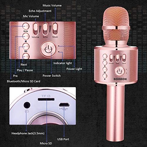 Portable Bluetooth karaoke microphone with connection capabilities, BONAOK brand, suitable for singing, with rechargeable battery.