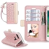 iPhone 7 Case, iPhone 7 Wallet Case, WWW [ Mirror Series] RFID-Resisting PU Leather Case Kickstand Flip Case with Card Slots and Mirror for Apple iPhone 7 Rose Gold