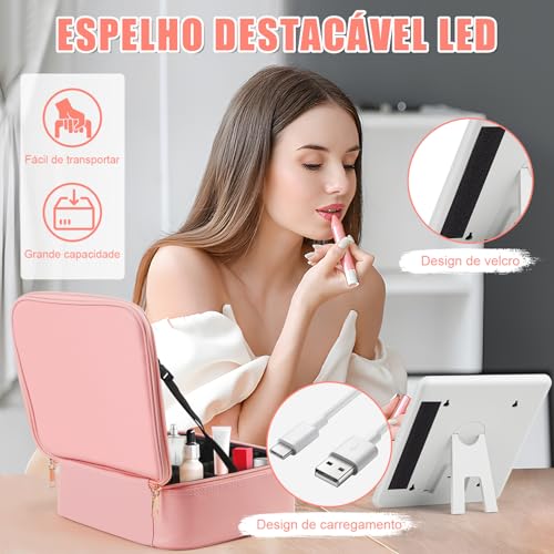 Gavzrt 26 * 23 * 10 cm Bolsa de Maquiagem com Espelho e Luz LED de 3 Cores, Maleta Organizadora Makeup Case Portátil, Bolsa de Maquiagem Grande de Viagem, Organizador de Maquillaje, Carregamento USB