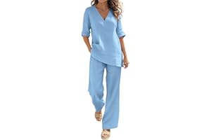 Two Piece Sets for Women Summer Cotton Linen Lounge Outfits Short Sleeve Irregular Hem Tops Wide Leg Pants Matching Sets 2026