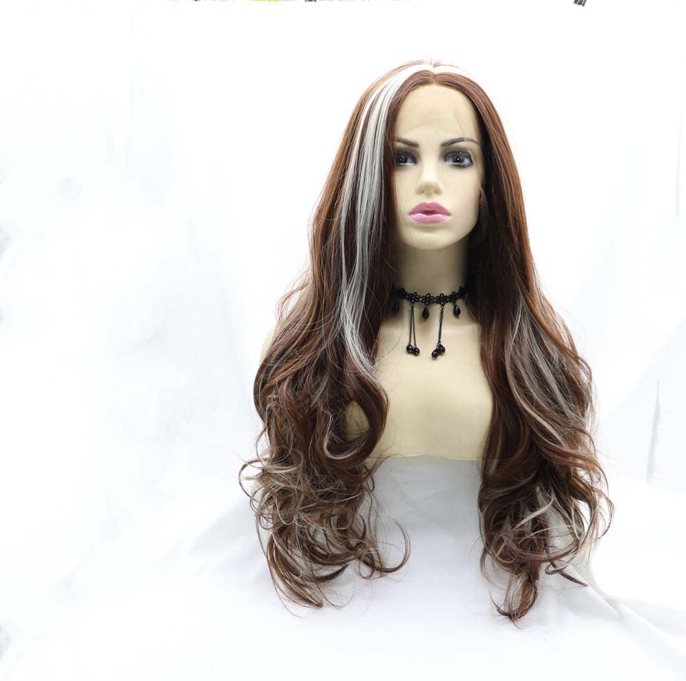 Body Wave Style Highlight Ombre Synthetic Lace Front Wigs Brown with Honey Blonde Color for Women (24 Inch, #4/27/lace front wig)