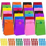 Cooraby 60 Pieces Mini Party Paper Bags Birthday Kraft Paper Bags Snack Paper Bag Party Bags with 144 Pieces Stickers for Kids Birthday Party Supplies