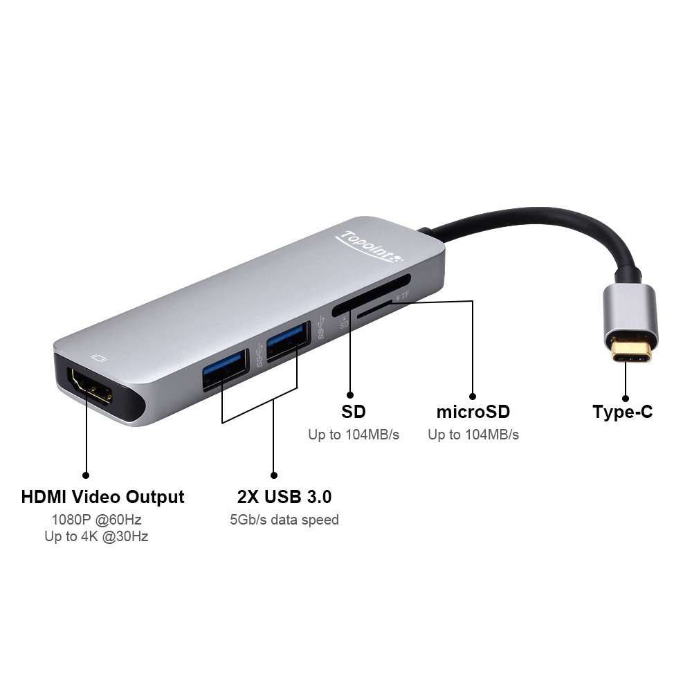 USB C Hub,Topoint 5 in 1 Type C USB 3.1 Adapter bis HDMI 4K-Adapter mit 2 USB 3.0 Anschlüsse SD / TF-Kartenleser für neues MacBook / MacBook Pro 2015/2016/2017, andere USB-C-Port Ausgerüstet Devices