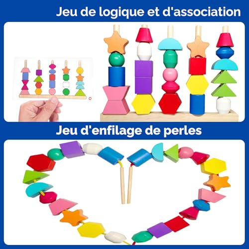 Chithor Montessori Games 3 in 1 Wooden Lacing Beads Toys, Stackable, Thread Toy, Sorting Toys, Activity Child Educational Game, Child Toy Gift Girl Boy 2 3 4 5 Years Old