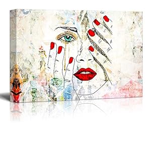 Canvas Wall Art - Red Color Tone Sketch of a Woman Face with Tears - Giclee Print Gallery Wrap Modern Home Art Ready to Hang - 12x18 inches