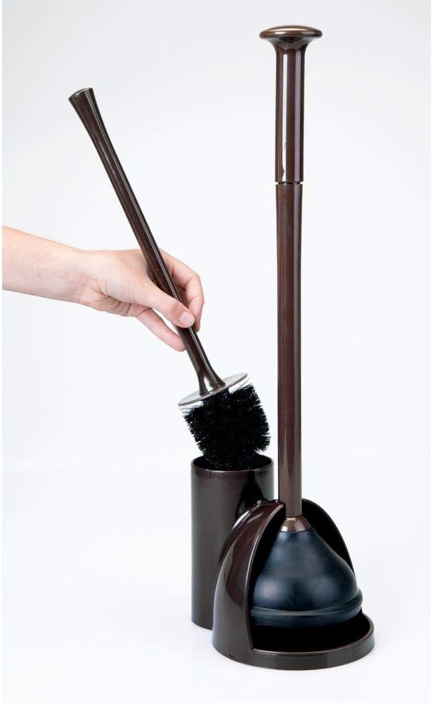 mDesign Modern Slim Compact Freestanding Plastic Toilet Bowl Brush Cleaner and Plunger Combo Set Kit with Holder Caddy for Bathroom Storage and Organization - Covered Lid Brush - Dark Brown: Home & Kitchen