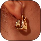 Chunky Hammered Statement Earrings for Women 14k Gold Simple Vintage Geometric Open Hoop Earrings Lightweight Metal Stud Earrings Aesthetic Jewelry