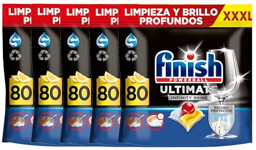 Powerball Ultimate Infinity Shine, pastillas para el lavavajillas con poder quitagrasas y protección del cristal, aroma limón, 80 Pastillas