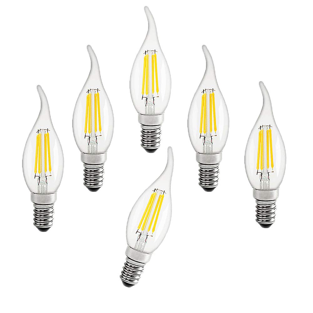 BAISHICHENG 6 Packs E14 Flame Tip LED Filament Candle Light Bulbs 4W 400LM,40W Halogen Bulb Equivalent, 6500K Cool White Non-Dimmable,Small Edison Screw Clear Candle Bulb,AC220-240V