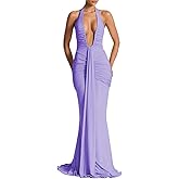 Women's Sexy Deep V-Neck Maxi Dress Sleeveless Halter Ruched Bodycon Formal Cocktail Party Evening Dresses