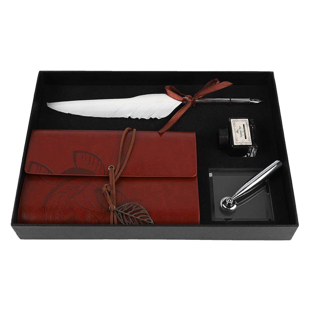 VBESTLIFE Quill Pen, Vintage Calligraphy Feather Dip Pen Ink Leather Notebook Set Stationery Gift Box(White)