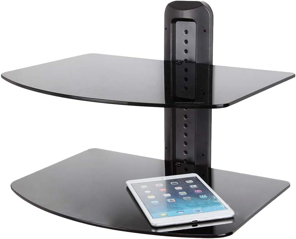 UNHO 2 Tier Floating Shelf Wall Mount Tempered Glass Shelves Bracket Stand for DVD Player Game Consoles SKY Box Wii 450x320mm Black