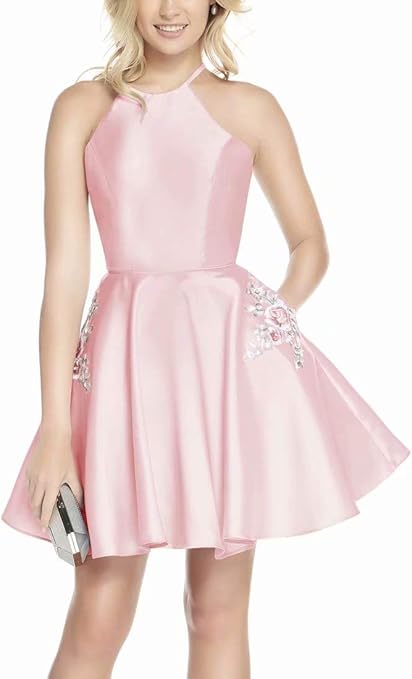 Nrhsinyar Homecoming Dresses Short with Pockets Backless Embroidered Prom Gown Pink S26W at 