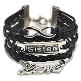 ACUNION Handmade Love Sister Charm Friendship Gift Leather Bracelet (Love+Sister - Black)