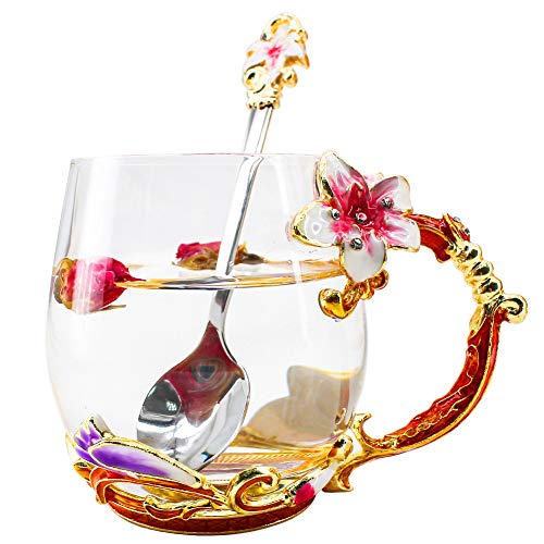 Tea Cup Coffee Mug Cups, Creative Lily Flower Glass Tea Cup, Handmade Tea Mug, Unique Personalized Birthday Present Ideal for Friend Wedding Anniversary Christmas Birthday - 12OZ Pink