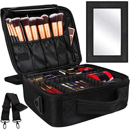 Kootek 2-Layers Travel Makeup Bag, Portable Train Cosmetic Case Organizer with Mirror Shoulder Strap Adjustable Dividers for Cosmetics Makeup Brushes Toiletry Jewelry Digital Accessories, M