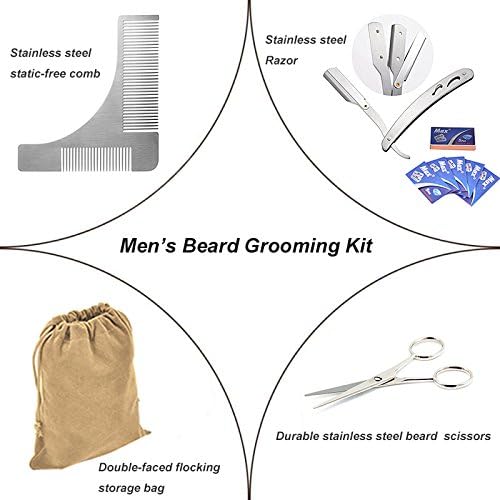 Beard Grooming Kit, Beard Styling &amp; Shaping Template Comb &amp; Professional Barber Straight Razor &amp; Stainless Steel Scissors &amp; Large Capacity Storage Bag - A Perfect Grooming Kit For Travel