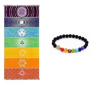 EverFabulous Thick Square Bohemia Mandala Yoga Blanket Pure Cotton 7 Chakra Yoga Towel Tassels Rainbow Tapestry Stripes Beach Towel Yoga Mat with Lucky Beads 59×29.5 inch