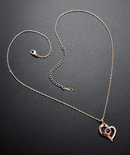 Tornito Gold Plated 100 Languages I Love You Memory Necklace Projection Pendant Necklace for Women (B1:Heart Shape, Rose Gold Tone)