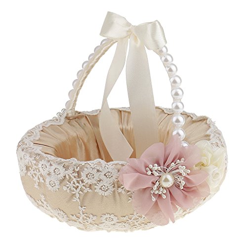 Flower Girl Basket Ribbon Bow Pearl Handle Silk Satin Lace Flower Basket for Wedding Bridal Ceremony Party Decoration Supplies - Thumbnail 6