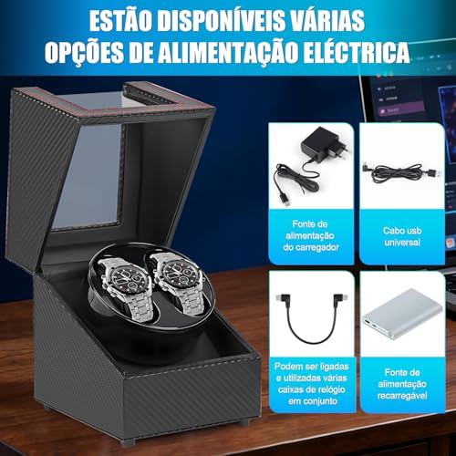 Caixa de Relógio Giratória em Couro, Suporte Giratório de Relógio Duplo, Caixa de Relógio de Fibra de Carbono, Caixa Giratória de Relógio Mecânico