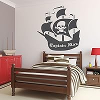 CustomVinylDecor Custom Name Pirate Ship Wall Decal | Personalized Removable Vinyl Sticker for Boy or Girl Bedroom, Playroom, School Classroom, Nursery, Preschool | Black, White, Other Colors