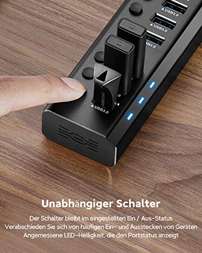 RSHTECH USB 3.0 Hub with 24W Power Supply USB Hub 7 Ports, for Charging and Data Transfer, Multiport USB Hub with Individual Switches and Power Supply
