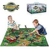 TEMI Dinosaur Toy Figure w/ Activity Play Mat & Trees, Educational Realistic Dinosaur Playset to Create a Dino World Including T-Rex, Triceratops, Velociraptor, for Kids, Boys & Girls