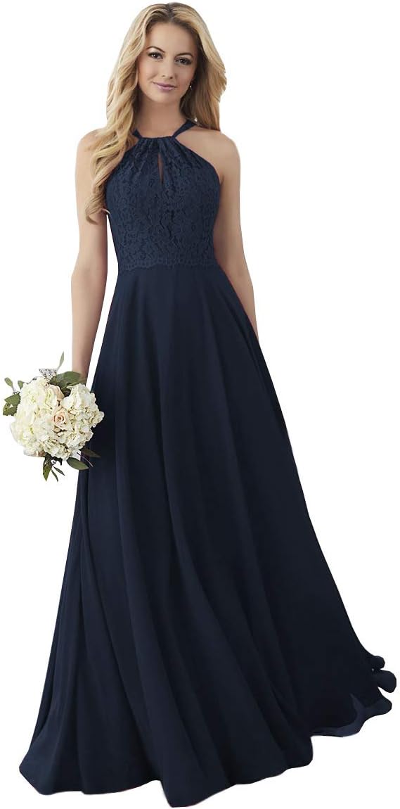 Women's Halter Bridesmaid Dress Lace Top Long Chiffon Evening Prom Ball Gown