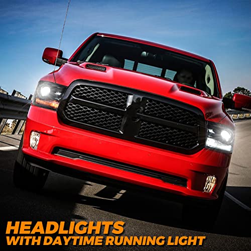 LQI Faros Delanteros LED Estilo Tablón Compatibles Con Dodge Ram 1500 2500 3500 2013-2018 Proyector De Fábrica 9 Pines Modelo Lente Transparente Carcasa ámbar Reflector