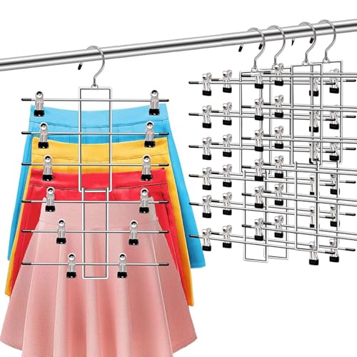 MCNVNZ Perchas para Falda con Pinzas, Paquete de 4 Ganchos Perchas para Pantalones Faldas Ropa, con Clip Antideslizantes Ahorra Espacio, Acero Inoxidable Color Plata, para Jeans,Faldas y Ropa Interior