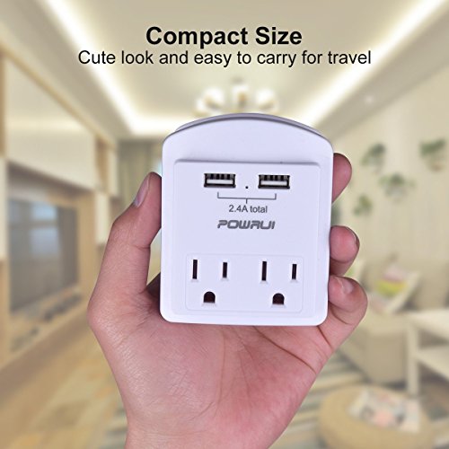 Multi Outlet, Wall Outlet, POWRUI 2-Pack Mini Wall Mount Adapter Surge Protector 1080 Joules with Dual USB Charger Ports(2.4A Total), Dual Outlet Extender and Top Phone Holder, White, ETL Certified - Thumbnail 3