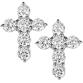 Mens Women's Small Solitaire Prong Set Iced 5A Cz Hip Hop White Gold 925 Sterling Silver Hypoallergenic Crucifix Ice Out Cubic Zirconia Gothic Cross Screw Back Stud Earrings