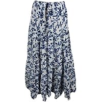 Mogul Interior Women's Long Skirt Blue White Printed Flared Summer Maxi Skirts M/L