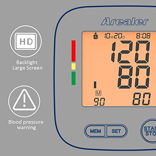 Blood Pressure Monitor Upper Arm, Arealer Automatic Blood Pressure Monitor Large Cuff, Digital Bp Cuff with Blood Pressure and Pulse Rate for Home Use, 2 * 90 Memory Mode, Batteries and Bag Included