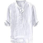Ryannology Mens Linen Shirts Casual Cotton 3/4 Sleeve Regular-Fit Henley T-Shirt Summer Lightweight Beach Yoga Tops