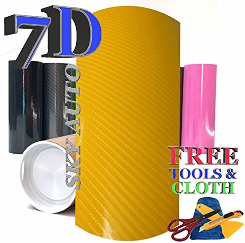 Sky Auto INC 7D Yellow Shinny GLOSSY Carbon Fiber Vinyl Wrap Sheet With Air Release (6FT x 5FT/72" x 60")