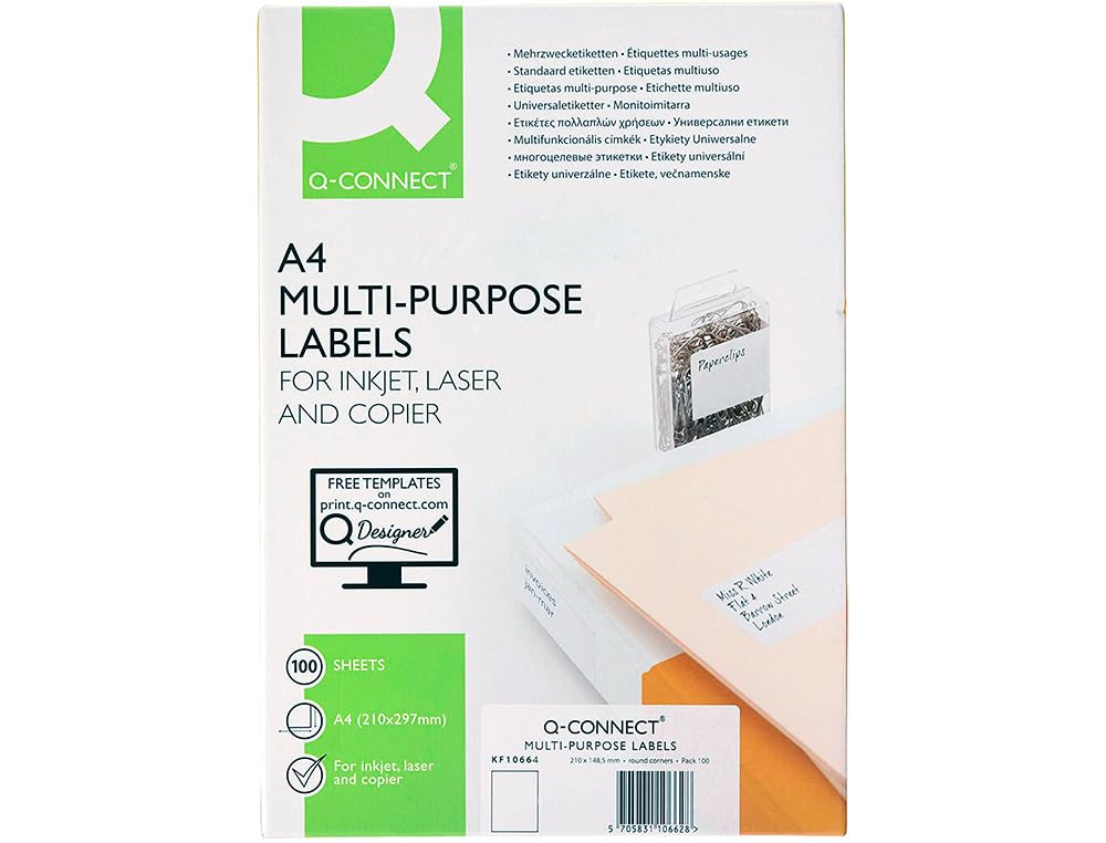 Q-Connect 210 x 297 mm A4 Multi-Purpose Labels (Pack of 100 Sheets) — image 1