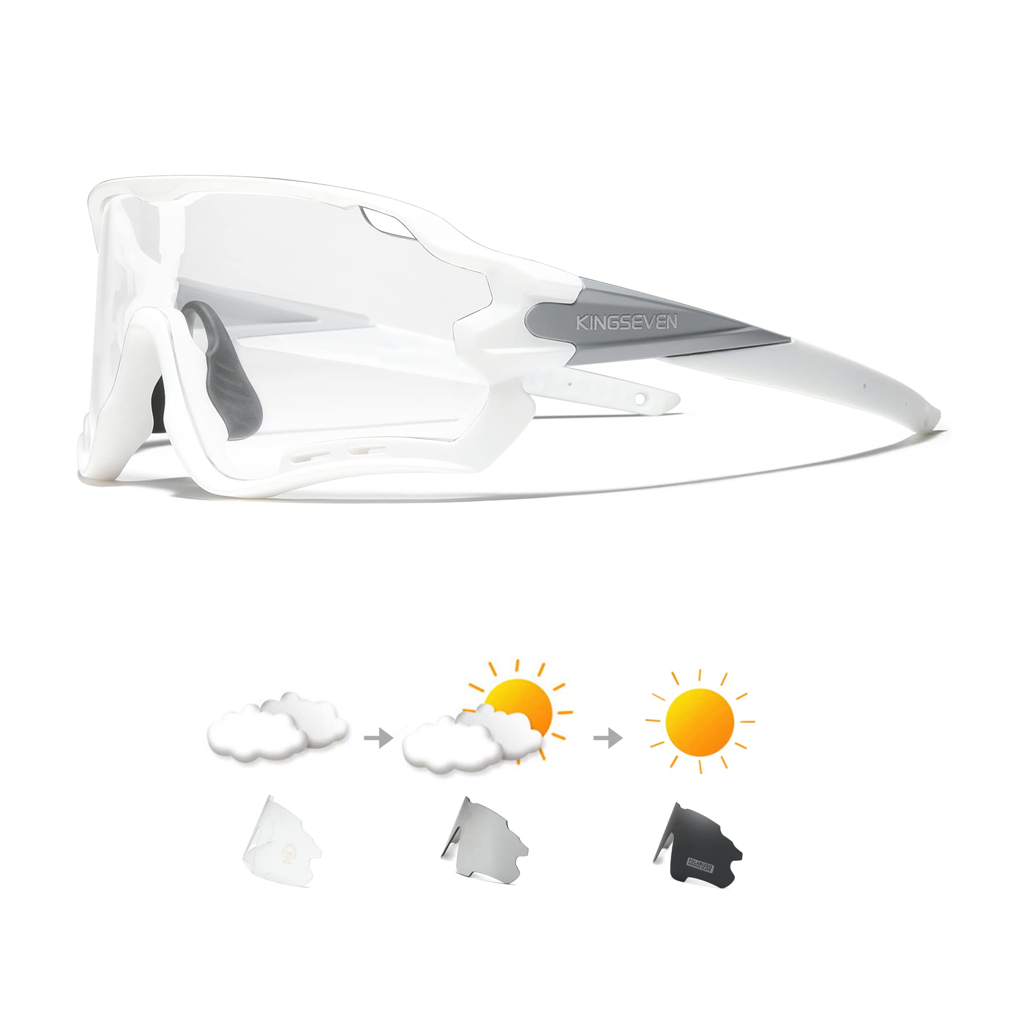 KINGSEVEN Cycling Glasses for Men Women Bicycle Sports MTB Road Bike Sunglasses Photochromic Lenses LS-911 (LS911-Photochromic White)