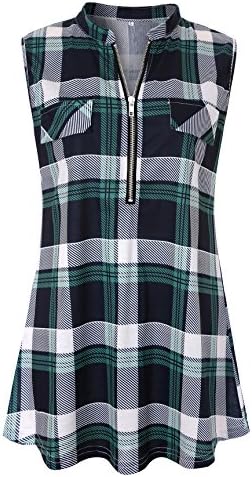 Womens Sleeveless Plaid Shirts V Neck Casual Nice Zip Up Tunic Tank Tops