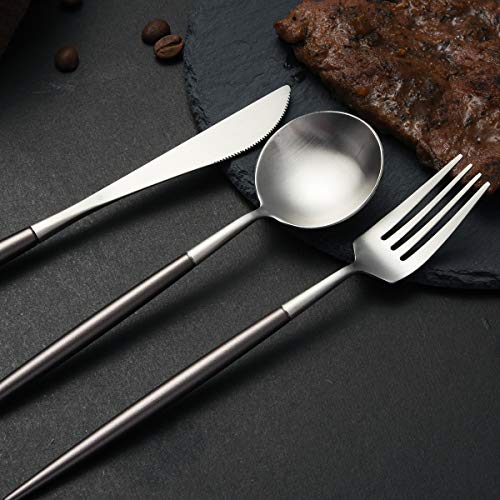 Artthome 20-Piece 18/10 Stainless Steel Flatware Silverware Dinnerware Set Cutlery Tableware Include Knife Fork Spoon (Brown and Silver Matte) - Thumbnail 4
